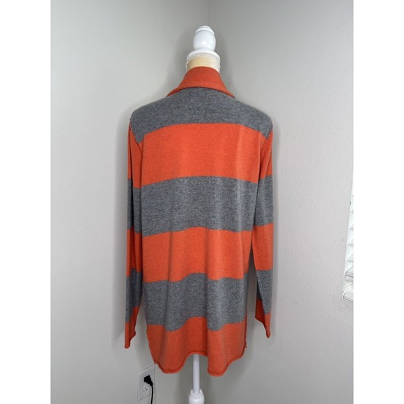 Pure Amici Cashmere Cardigan Orange Gray Striped Open Front Pockets - Picture 3 of 12